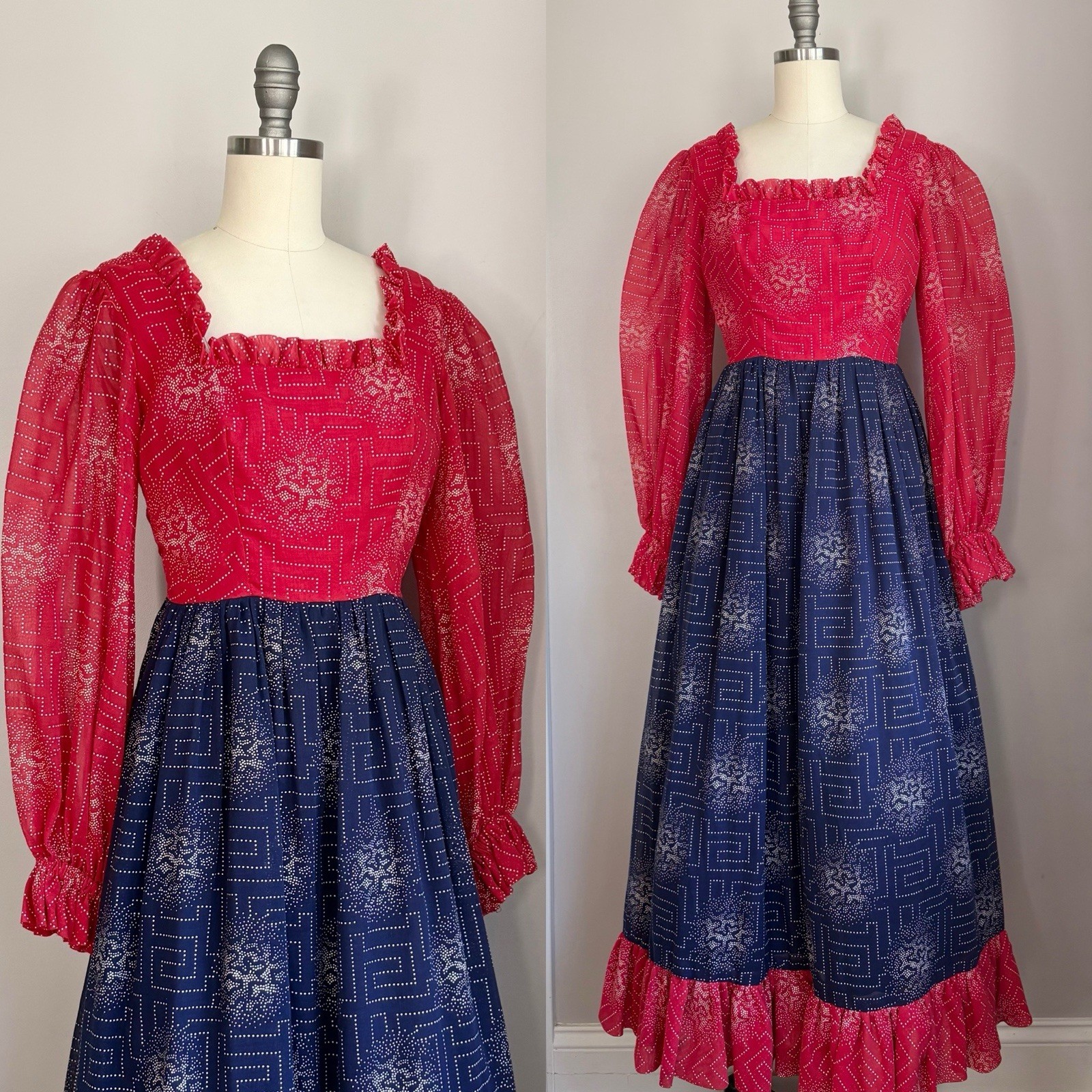 Vintage 1960’s Red White and Blue Ruffled Midi Maxi Dress Size XS