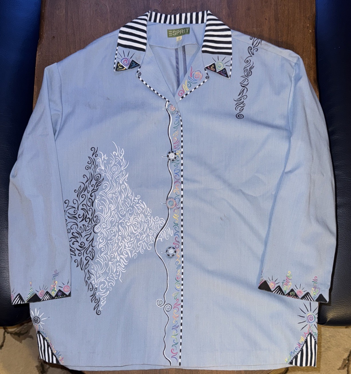 Vintage Esprit Hand painted Baby Blue Unisex Blazer, Sz Small, Folk Art