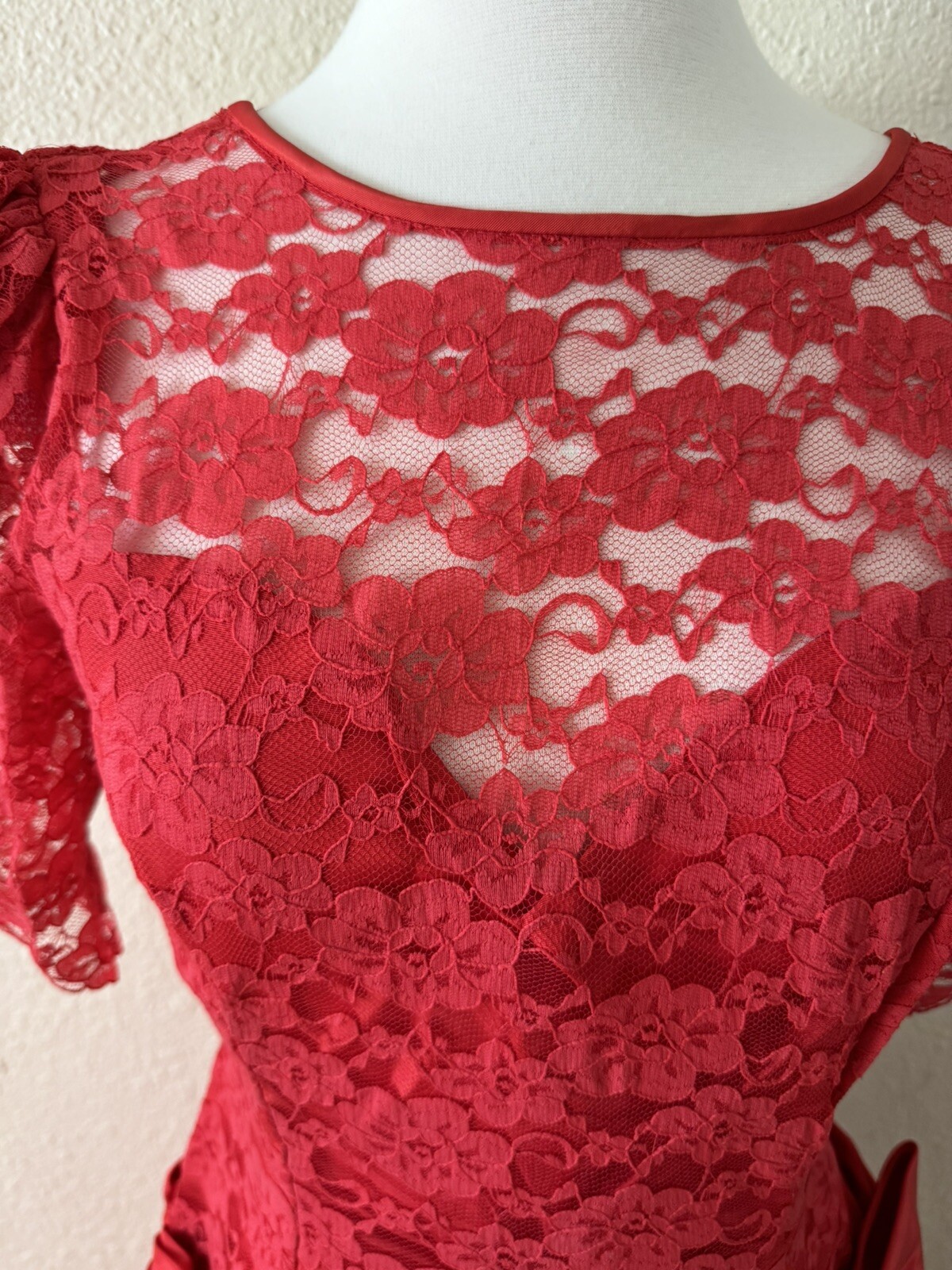 Vintage 80’s Red Lace Prom Dress Lydia Beetlejuice Size M Bow Rhinestone