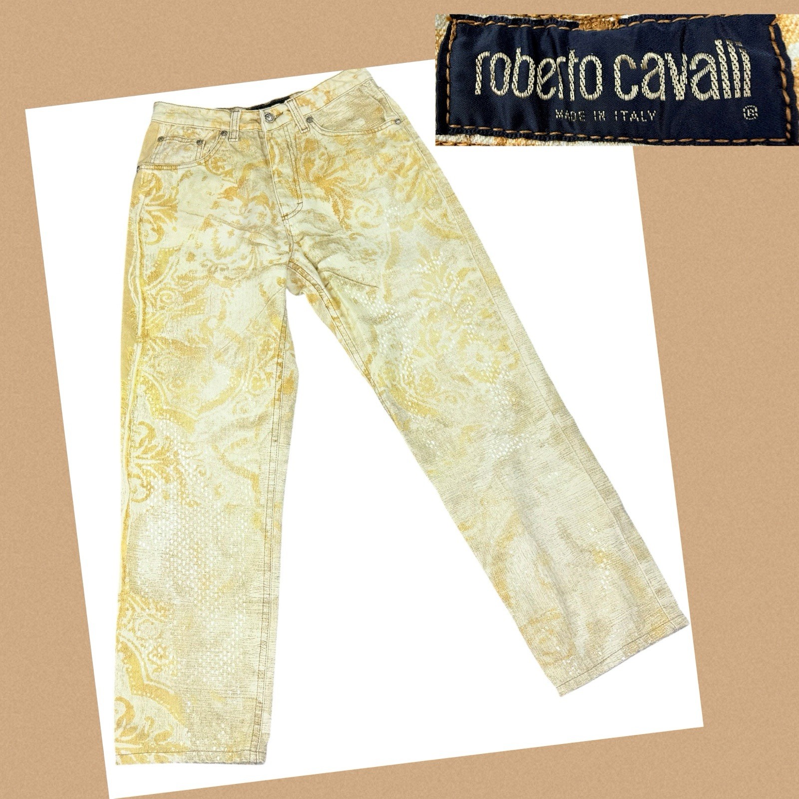 Vintage Roberto Cavalli 90s Funky Sand Blasted Denim Shimmer Jeans Small Italy