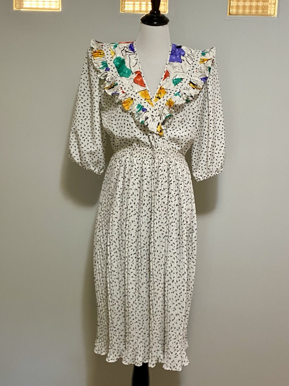 Susan Freis I Magnin Dress Vtg 1980s Black White Boho Pleated Small