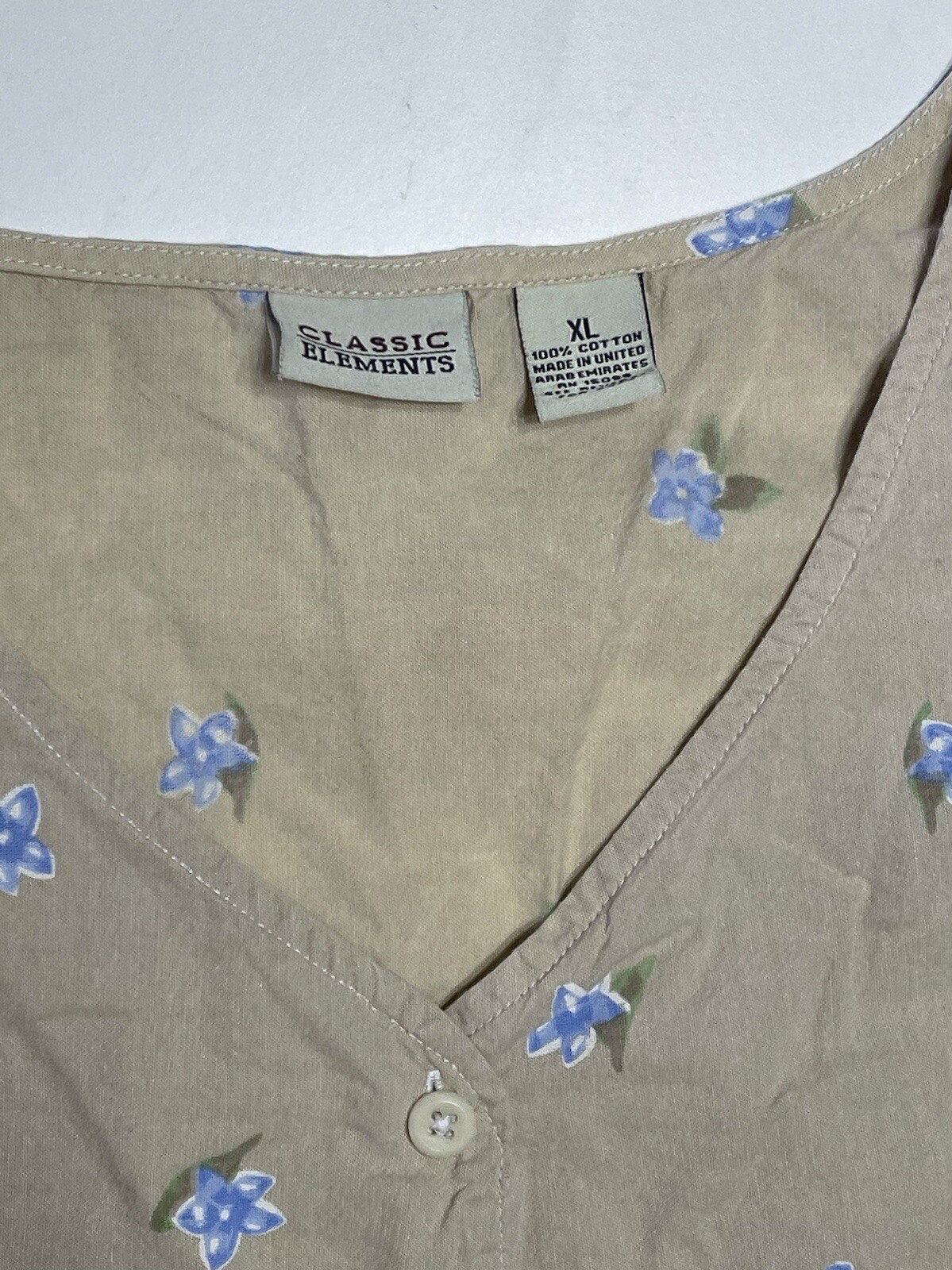 Vintage 90s Classic Elements Beige & Blue Floral Button Up Shirt Tank