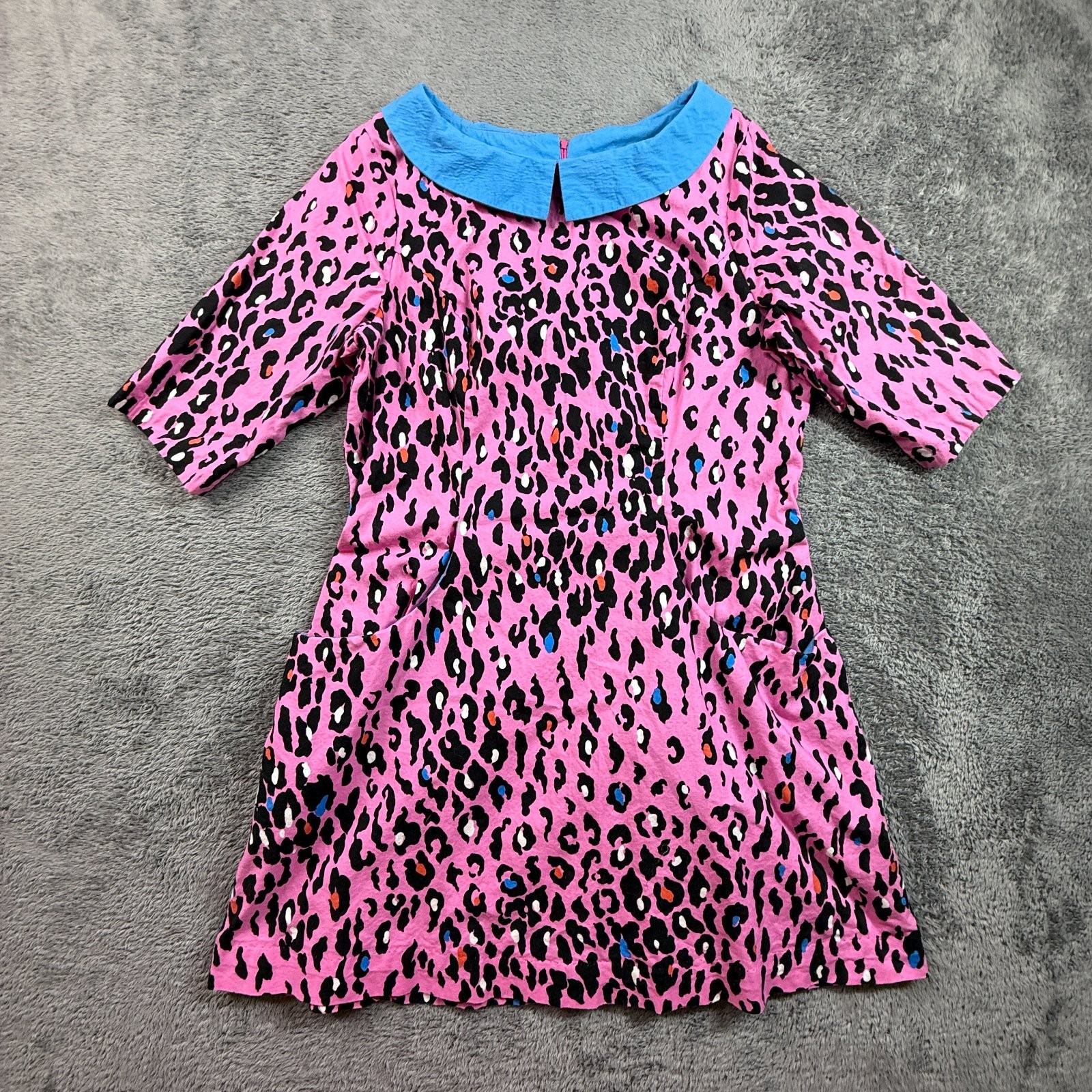 Vintage 70s Pink Leopard Print Mini Dress Peter Pan Collar Talon Zip Womens S