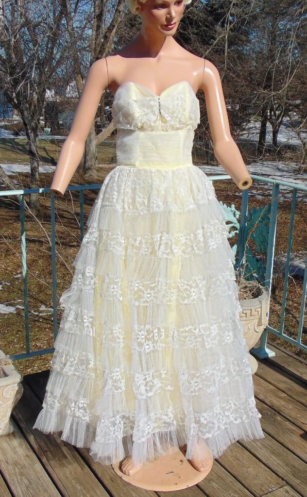 VTG 50s White & Yellow Tulle Chantilly Lace Strapless Prom Dress 24W