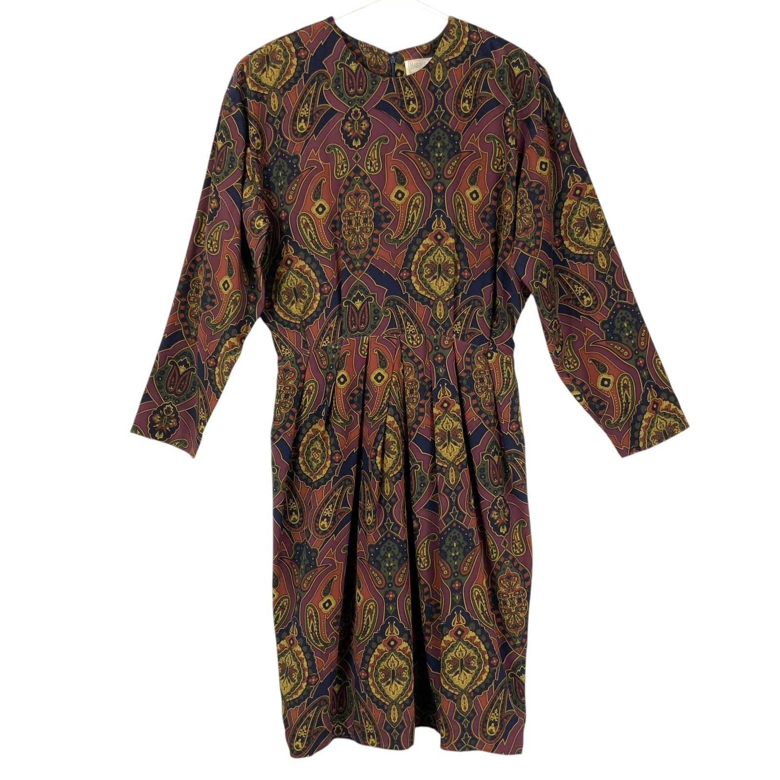Barrie Pace Petites Burgundy Paisley Silk Dress 8P Zip Round Neck Long Sleeve