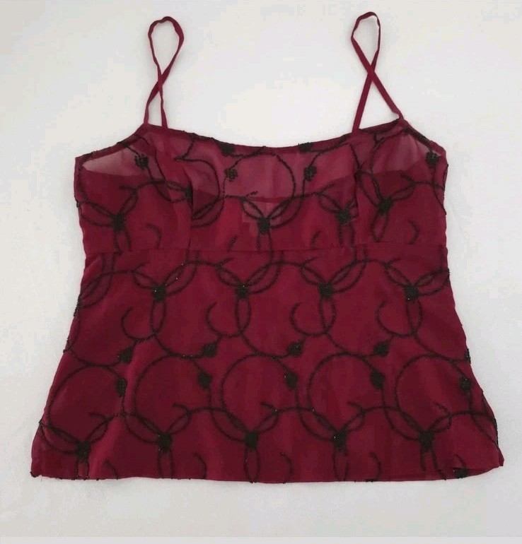 Vtg Y2K Babydoll Tank 8 Whimsigoth Red Black Beaded Gothic Vamp Sheer