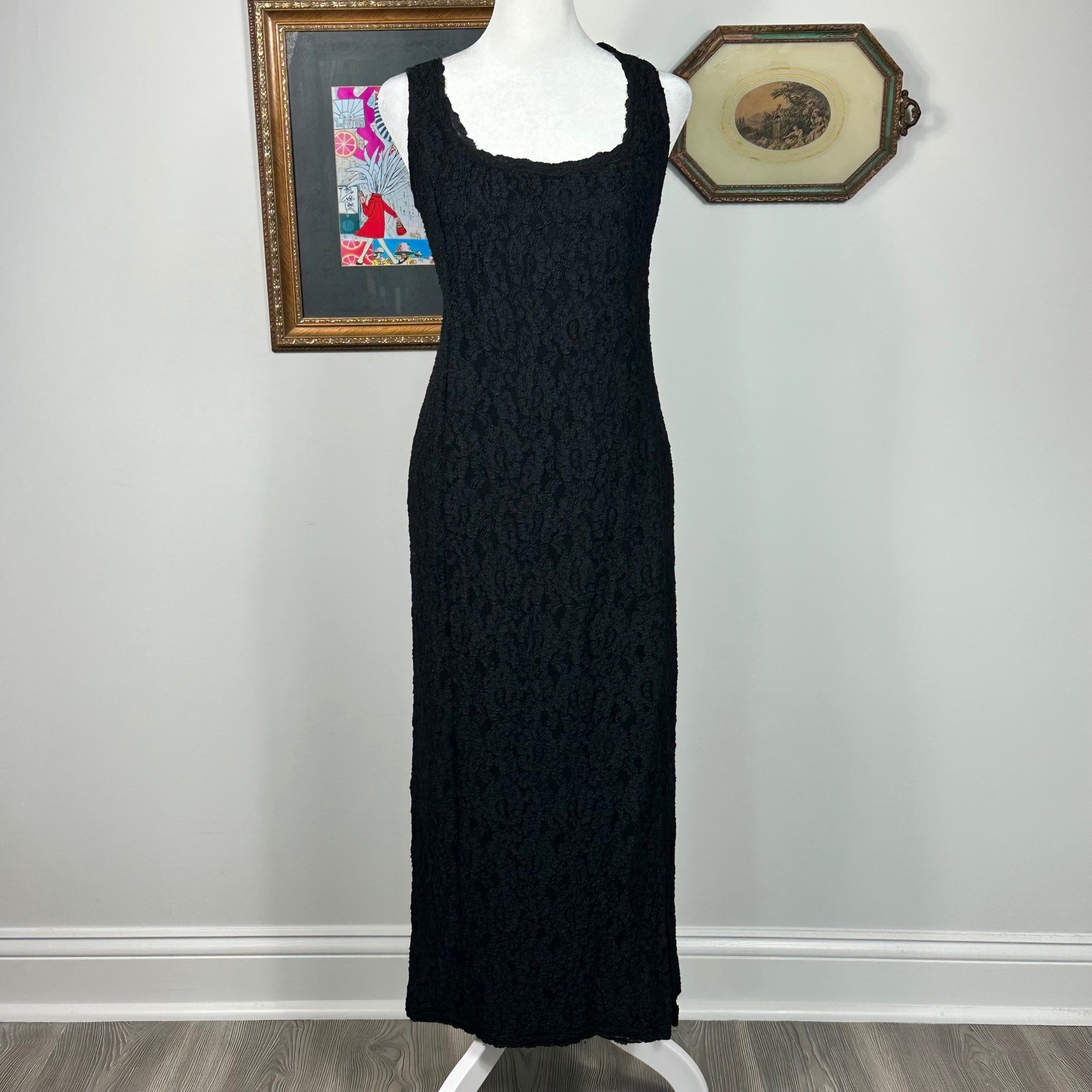 Vintage Expo Nite Black Lace Midi Dress with Leg Slit – SIZE 14 90s Whimsigoth