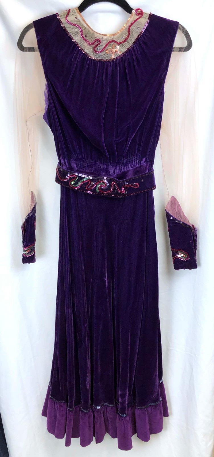 1910’s 1920’s 1930’s Purple Velvet Midi Dress with Sequins, Mesh Sleeves
