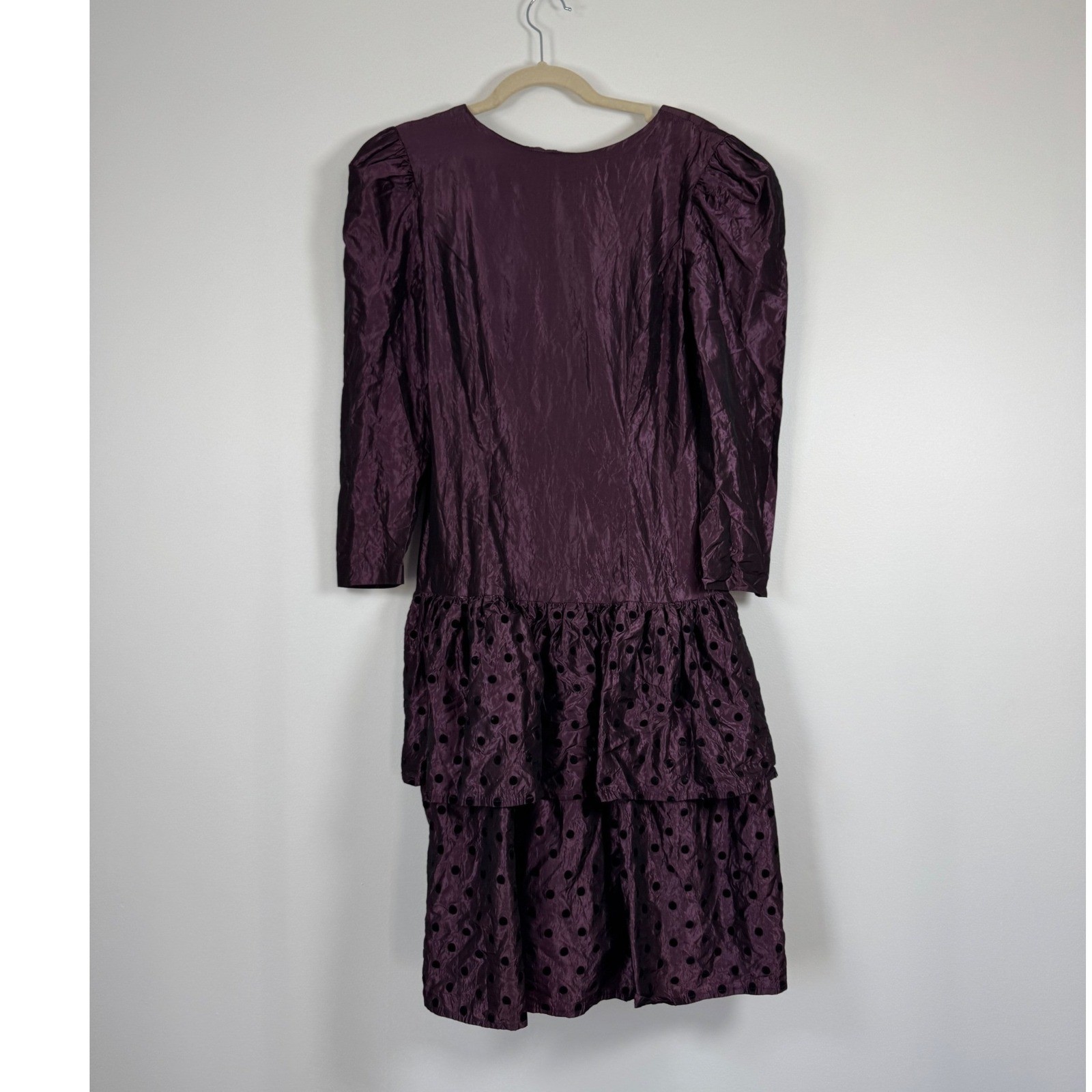 Handmade Vintage 80s Dress Womens M Purple Polka Dot Drop Waist Puff Sleeve Plum