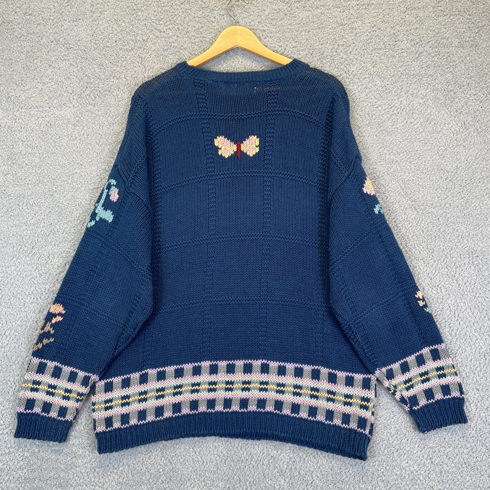 Vintage 90s Mixed Blues Floral Butterfly Sweater Cottagecore Grandmacore Large
