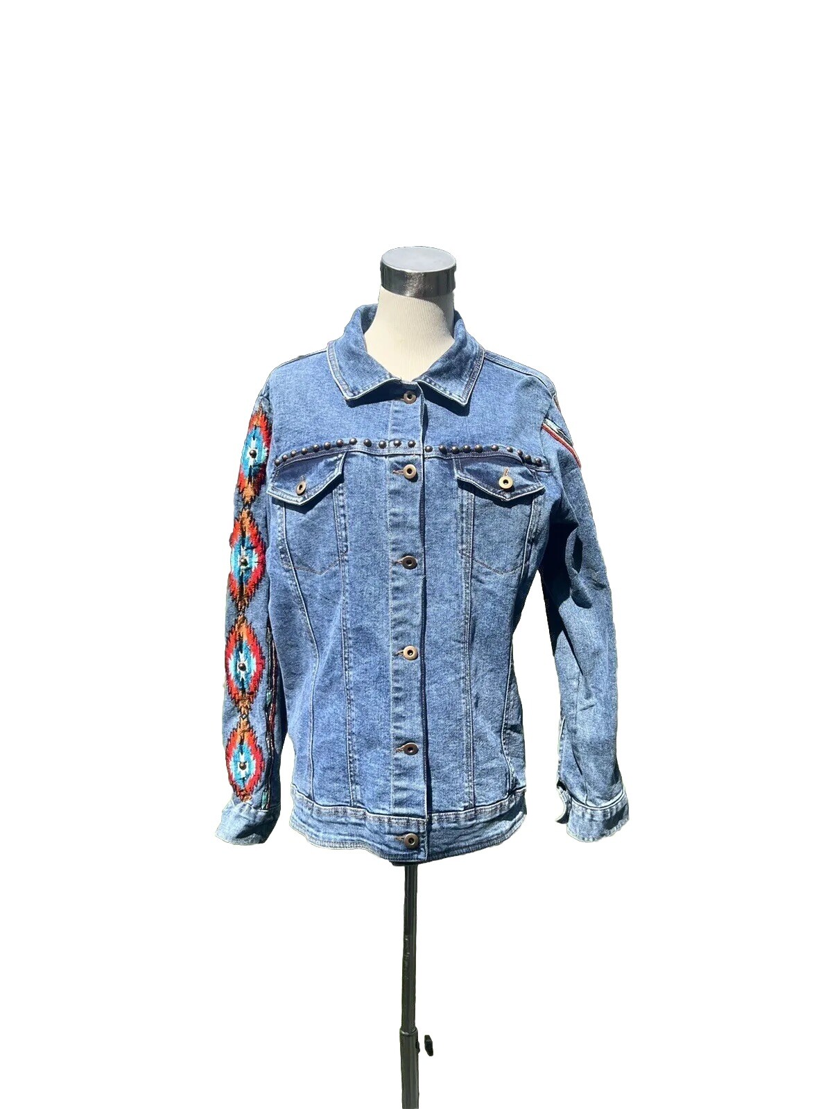 Vintage Denim Jacket Southwest Aztec Flame Embroidered By Vintage Collection Lg