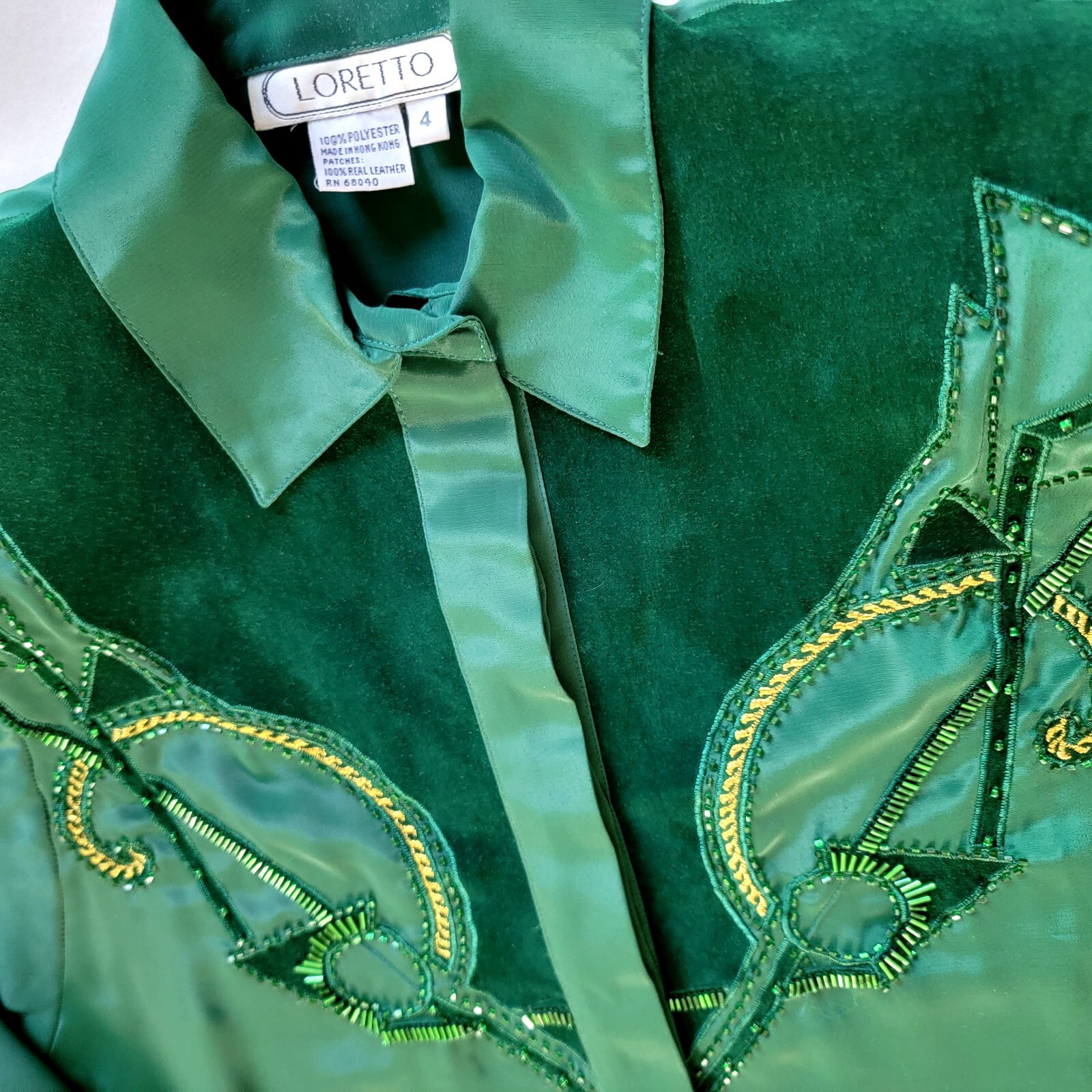 VTG Western Cowgirl Rodeo Baroque Sequin Suede Beaded Embroidery Blouse Green M