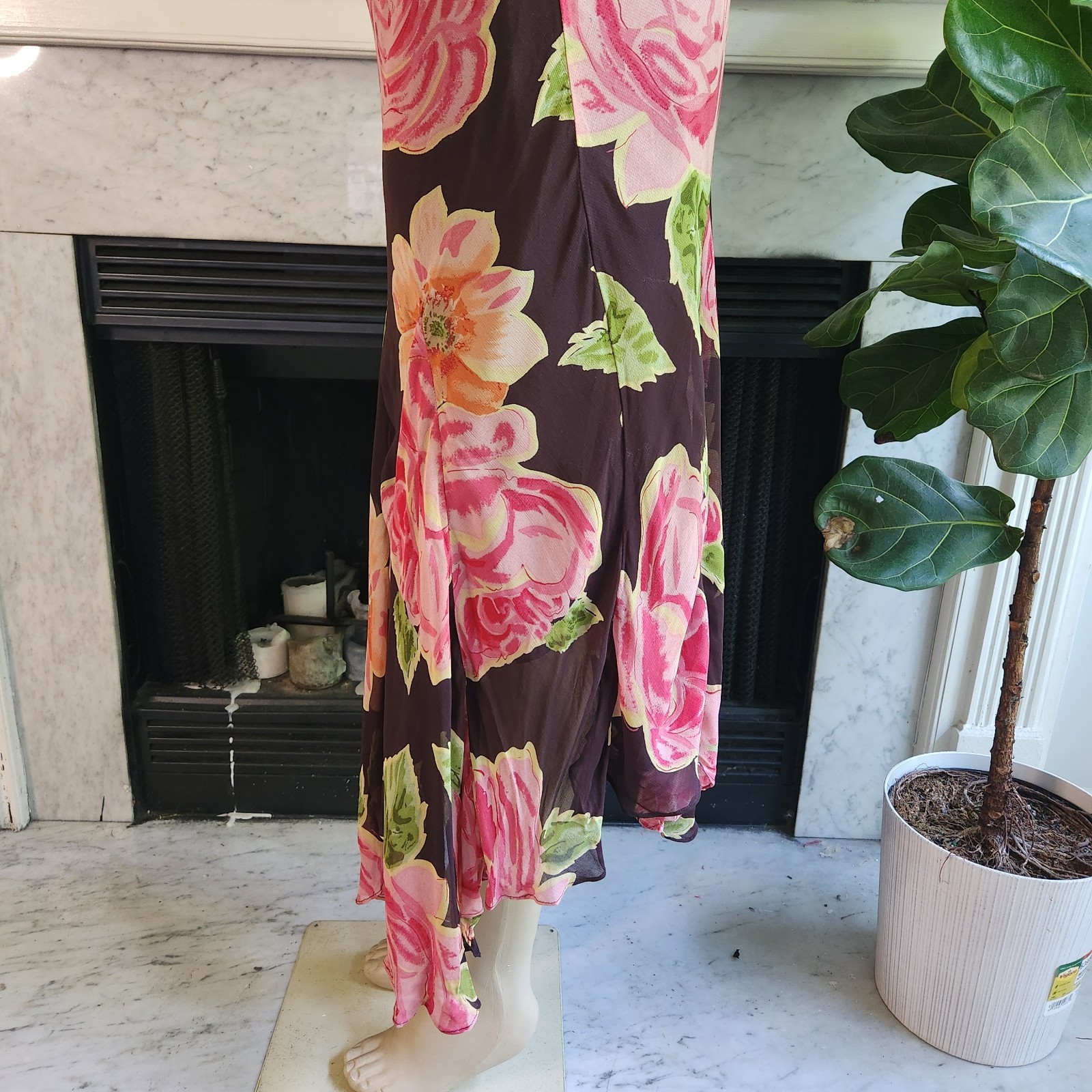 Vintage Y2K Brown Floral Tank Dress Pink Maxi Sequin Romantic Boho Size Large