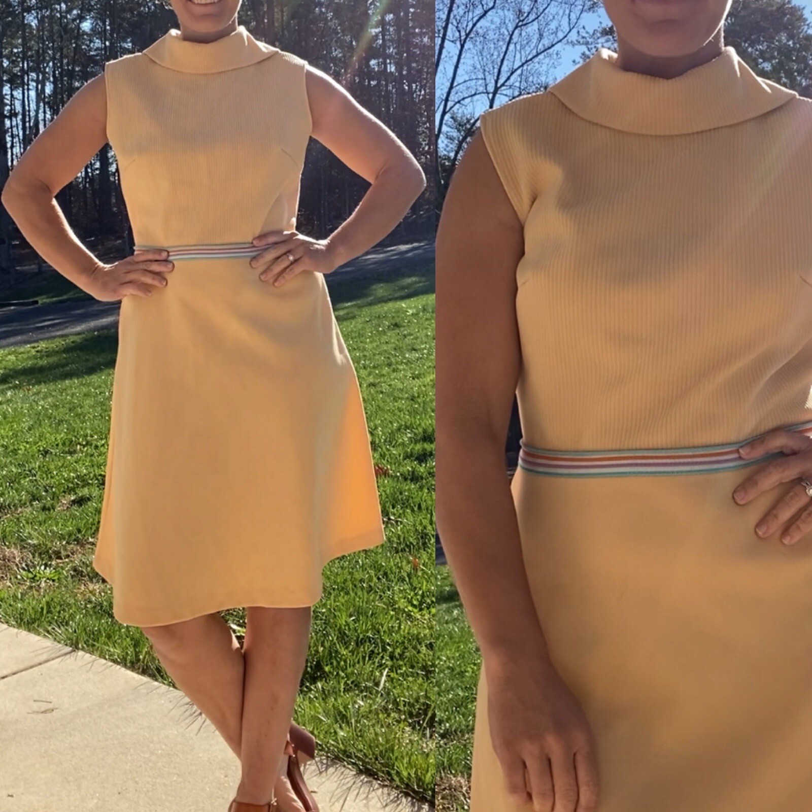 Vintage unbranded 70s yellow beige ribbed mock collar knee length dress m/l