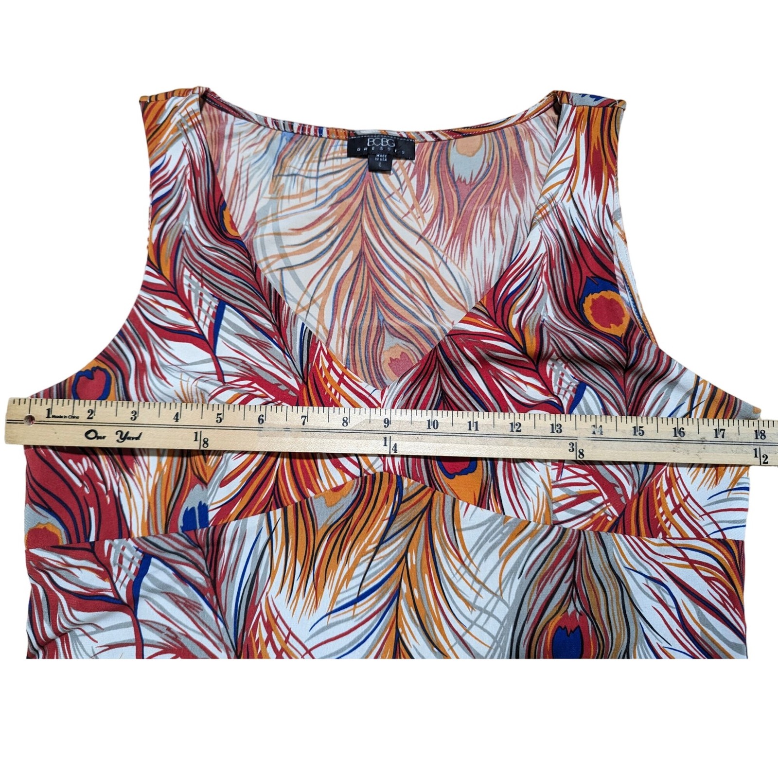 BCBG Dresses Large orange blue Peacock Feather print Vintage Empire Waist Y2K