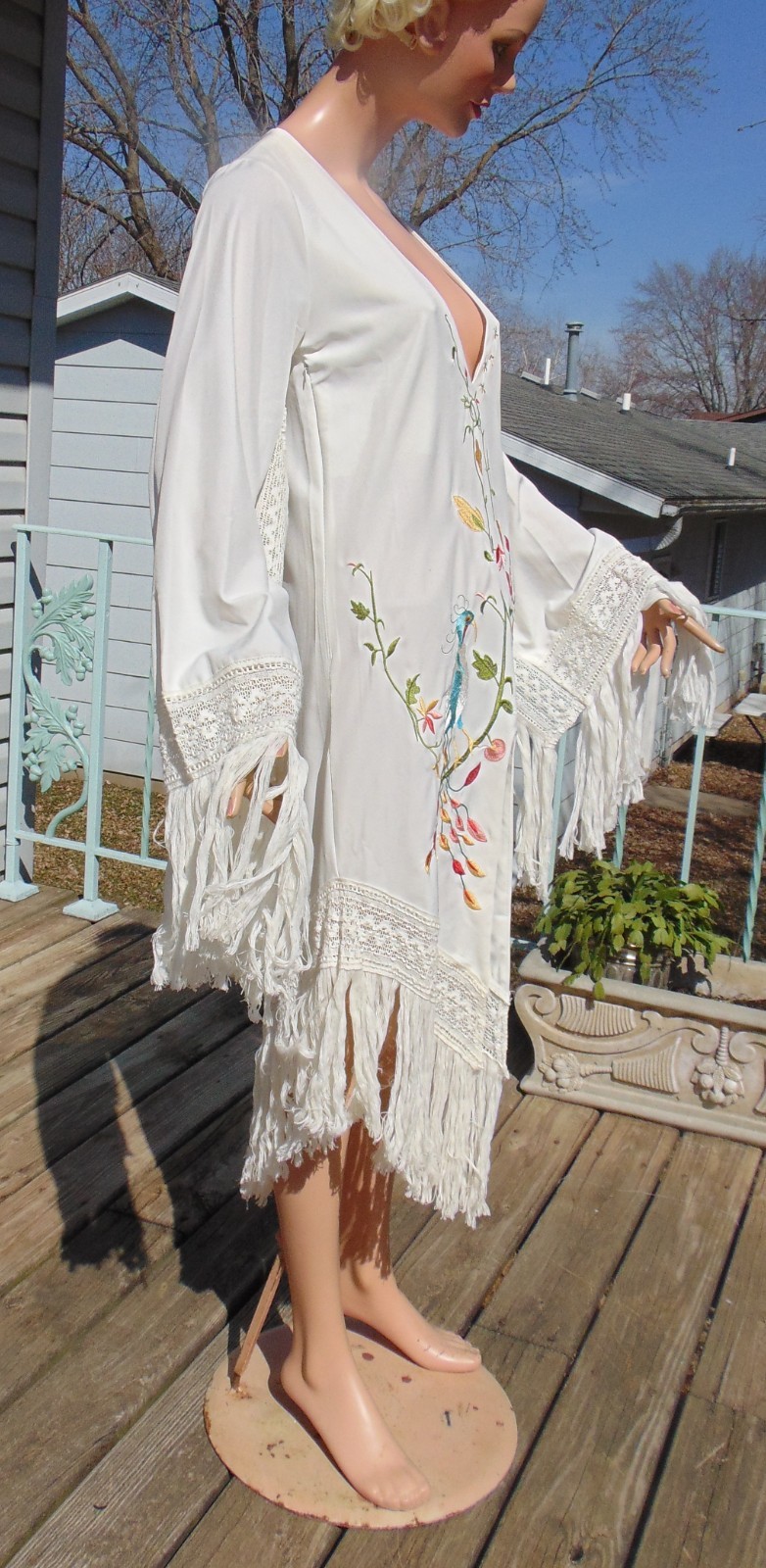 Vtg Rachel Welch Replica Iconic Embroidered Peacock Fringe Hippie Dress