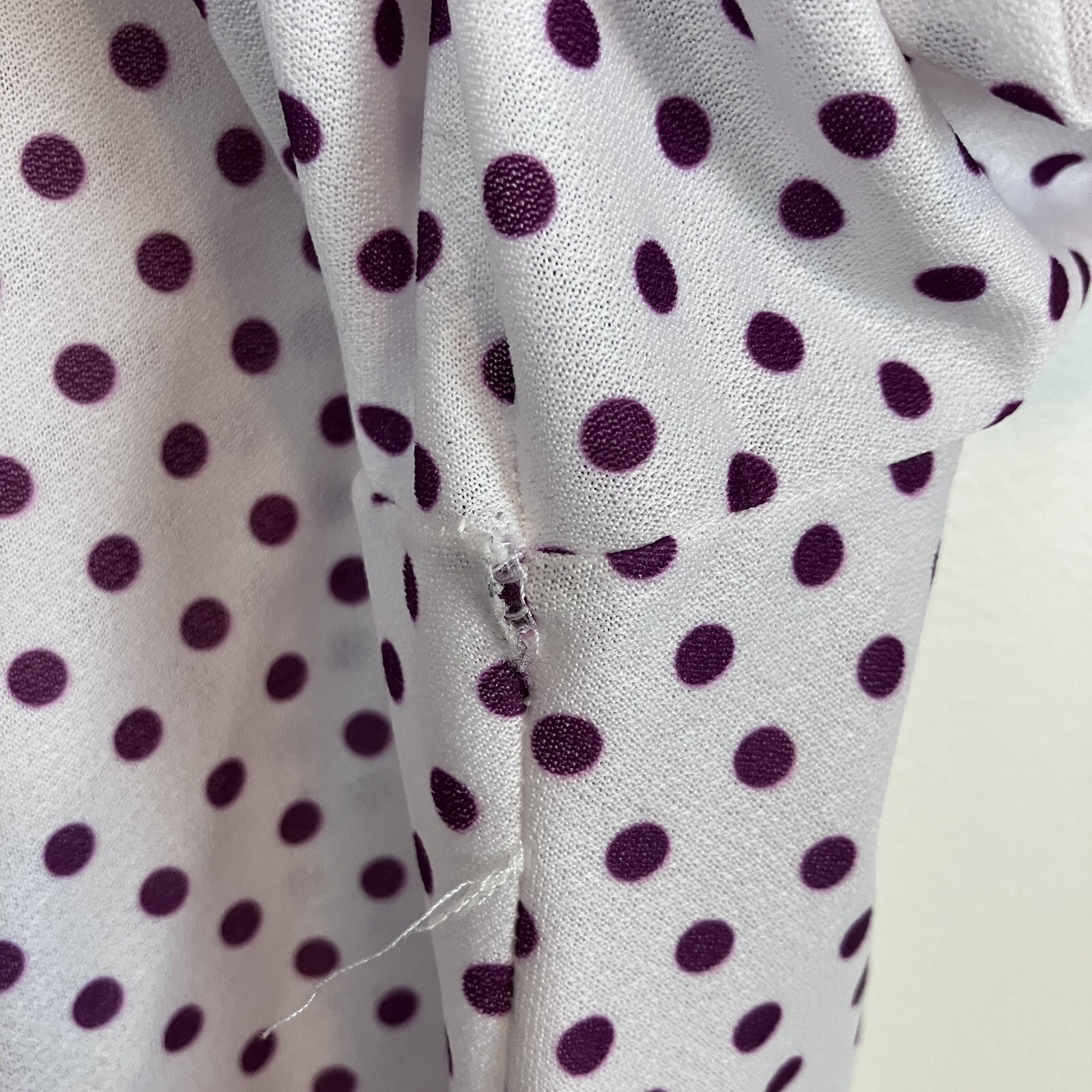 VTG Women’s Sz. 12 Purple Polka Dot Blouse Ruffle Neck Tie Bow Preppy Office