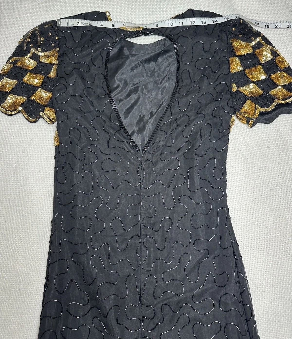 SWEELO Vintage Silk Beaded Black Gold Dress India Art Deco Sequin S 6-8