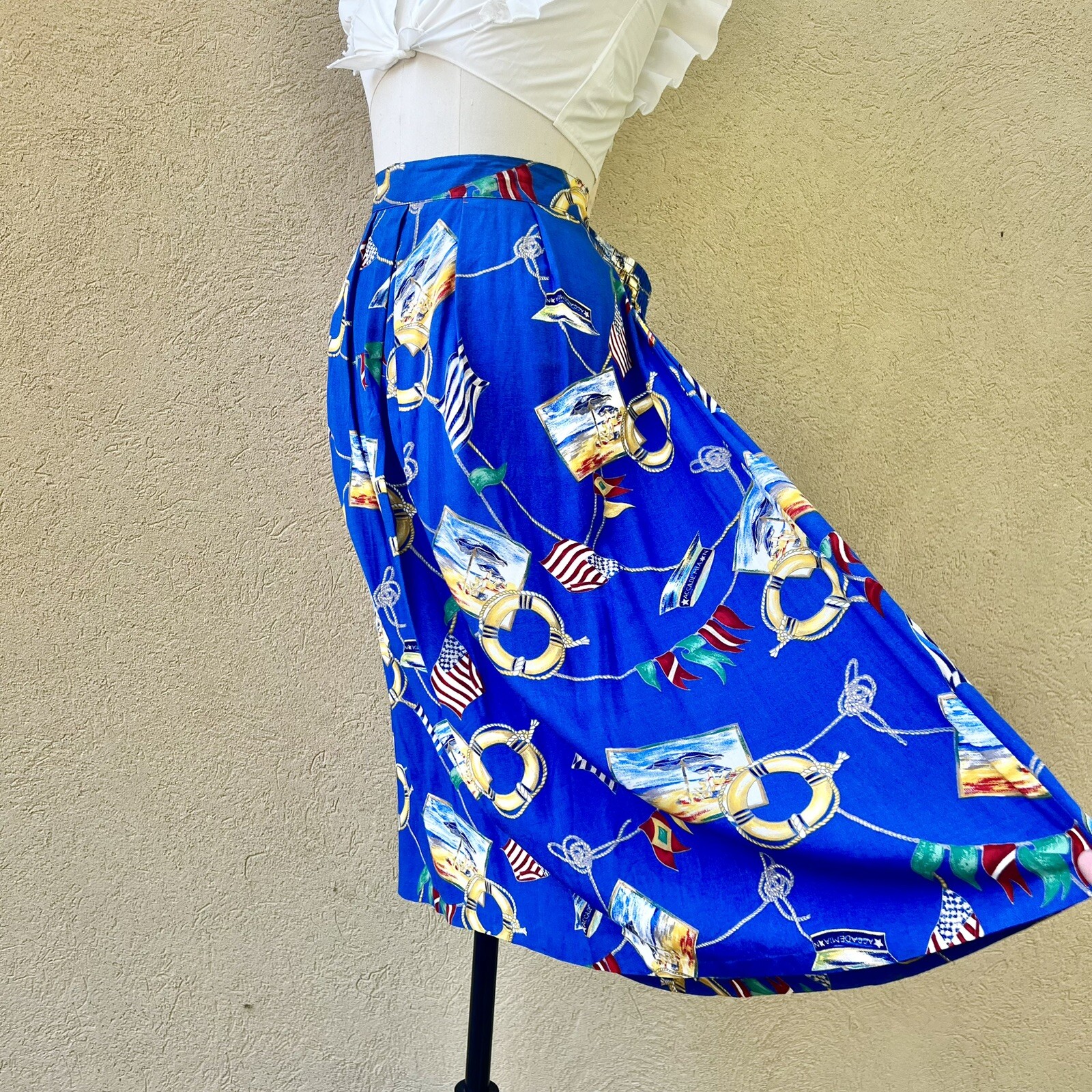 MARITIME NAUTICAL Sailing Yacht 90s 1990’s Vintage Novelty Print Rayon Skirt XL