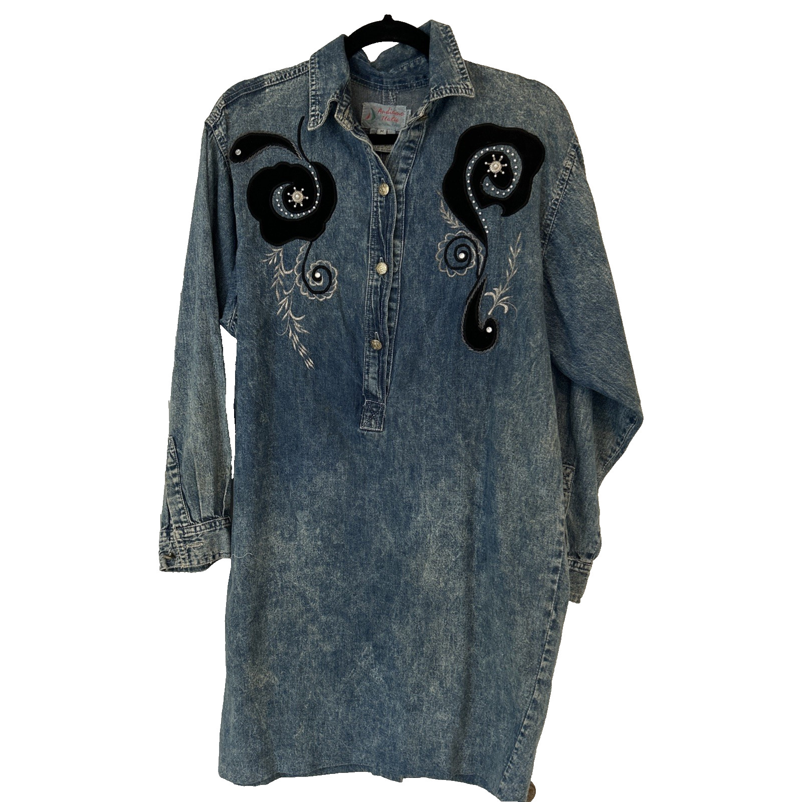 Vintage 80s Denim Dress Medium Andiamo Italia Western Country Embroidered