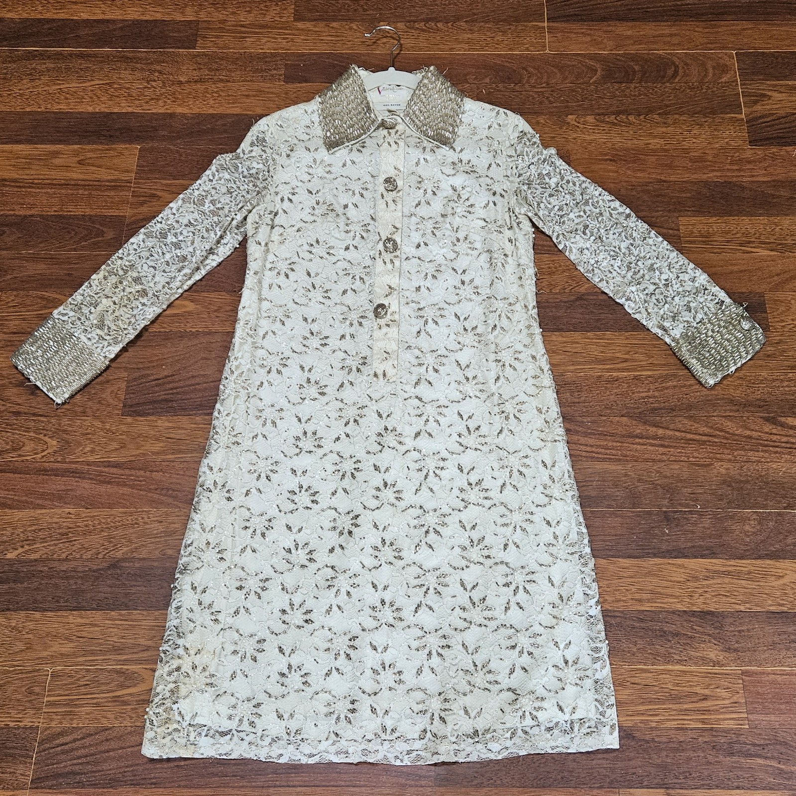 1960s Valentina LTD Cream Gold Beaded Long Sleeve Tunic Sz 10 Runs SMALL READ
