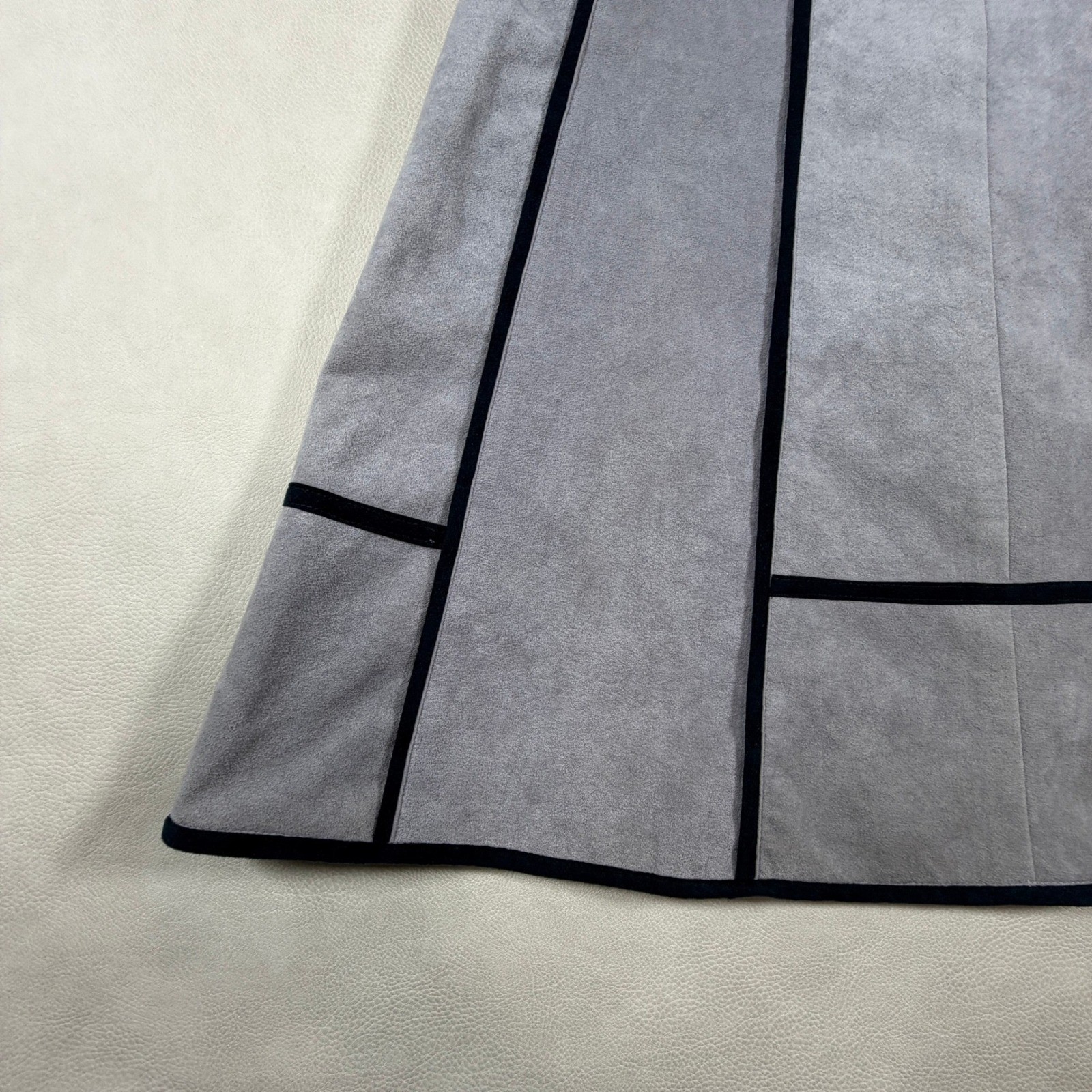 By Clarissa Vintage Ultra Suede Gray A-Line Midi Skirt Black Piping Size 6