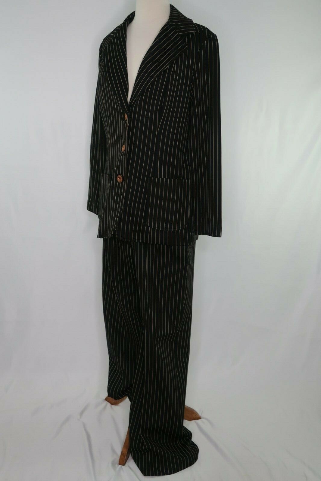 VTG 70s Fairfield Zio ILGWU Black Tan Pinstripe Poly Pant Suit Sz 12