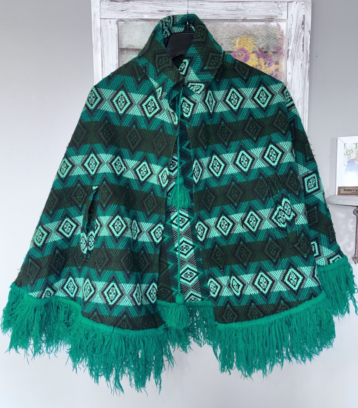 1960’s MCM Ladies Retro Poncho Shawl Cape Coat Jacket With Pom Poms OS