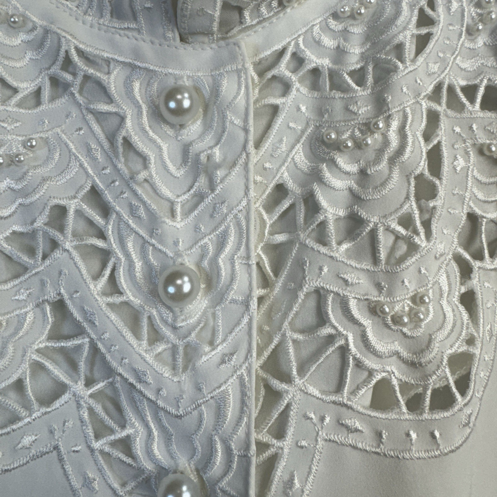 VTG 80s 90s Christie & Jill Petite 6P White Blouse Lace Appliqué High Collar L/S