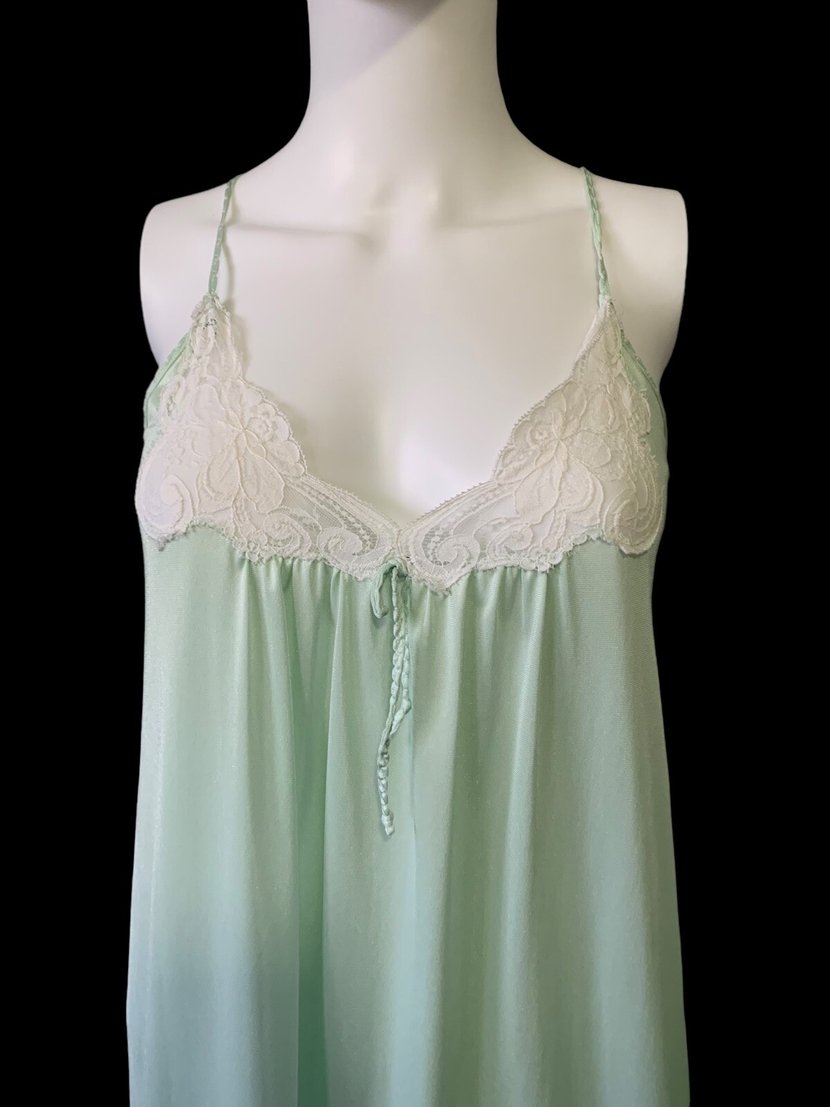 VTG Rene Nylon Nightgown Slip Dress Retro Mod Lace 70s Green Rope Nightie Gown