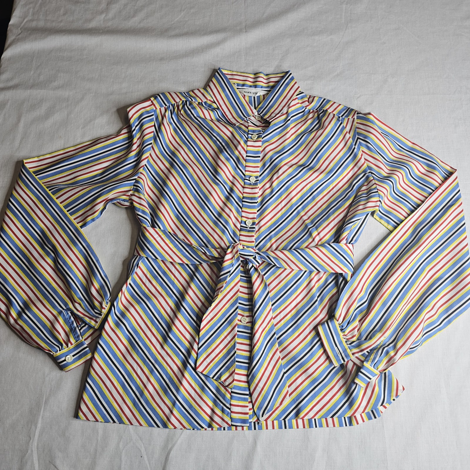 Vtg Long Sleeve Disco Striped Alice Stuar Collar Button Up Blouse w/Belt Sz. 10