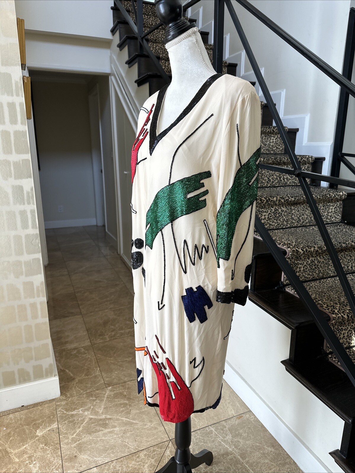 Fabrice Silhouettes 80s Ivory And Vibrantly Colored Beaded Shift Dress 10