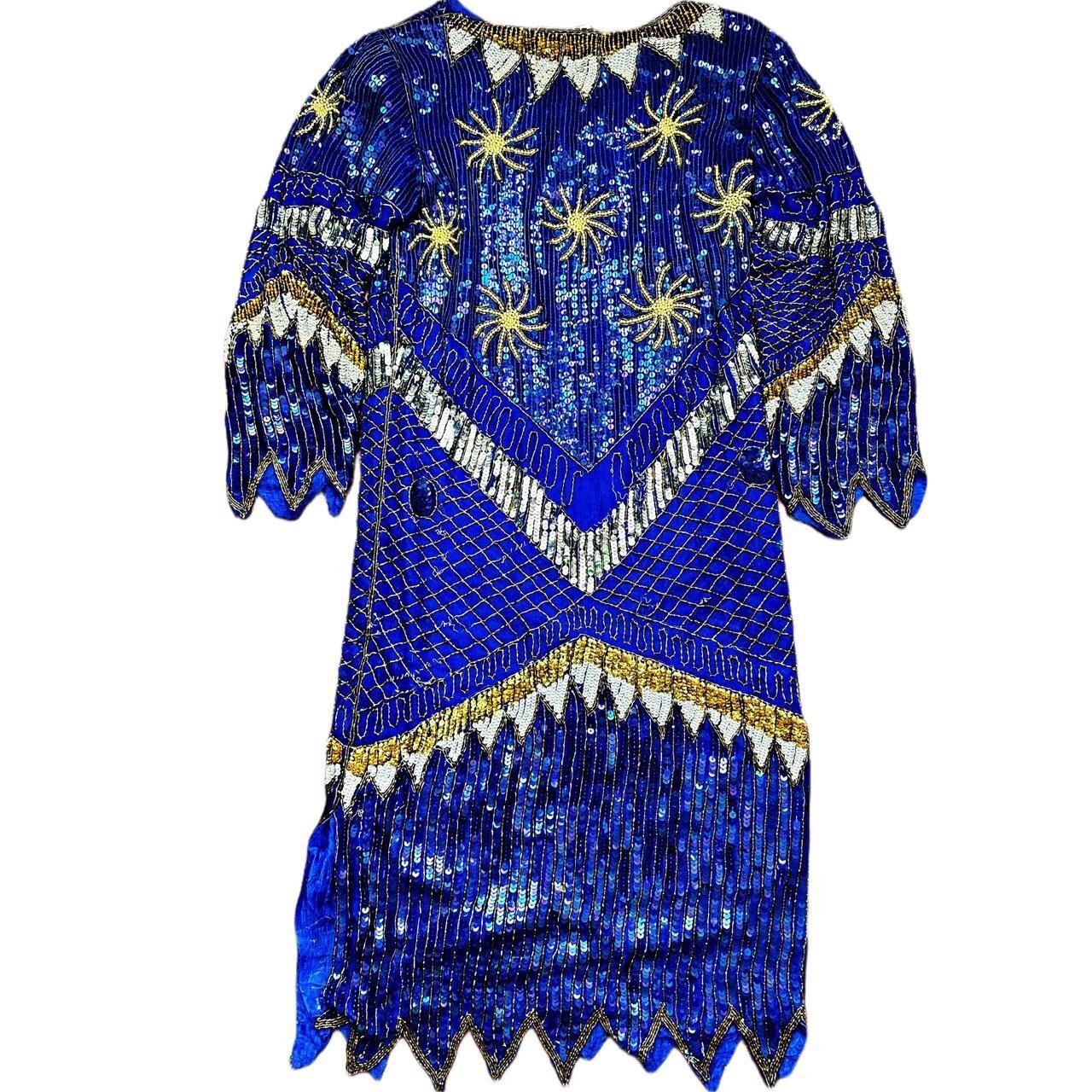 Stunning Vintage SILK INDIA Full Sequin Sapphire Blue Beaded Cocktail Dress M