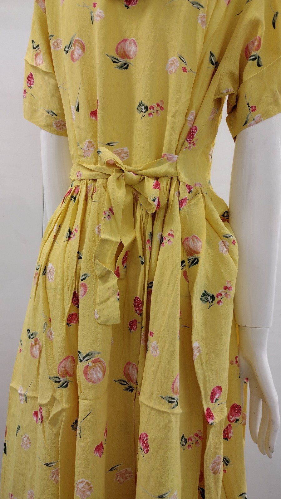 90s Rayon Yellow Dress Granny Apples Strawberry Print Country Easter Spring M