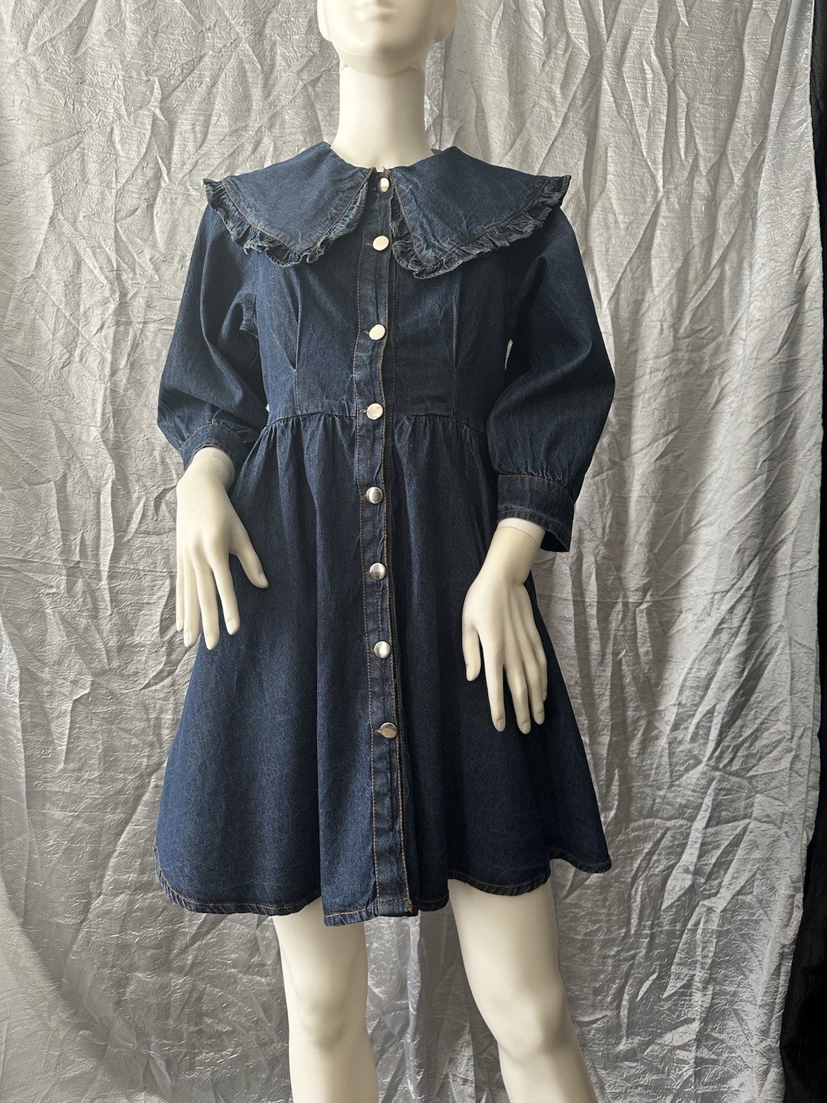 Together blue Denim Dress Front Long Sleeve Patch Pockets Cottagecore.