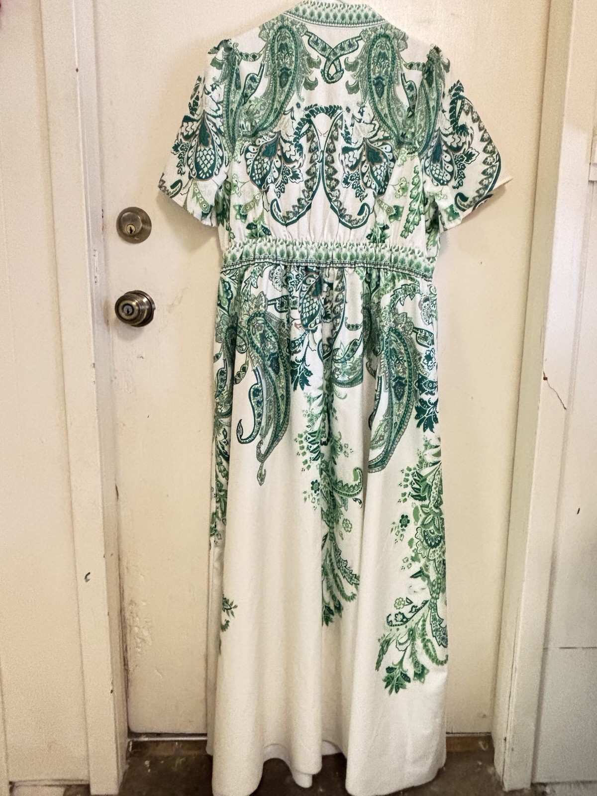 Vintage Dress Polyester Vintage 1970s Style Green And Cream Ornate Size L