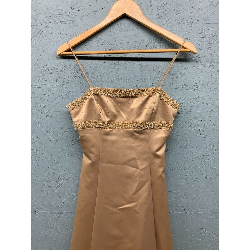 De Laru Beaded Satin Maxi Gown Dress Womens Size 5/6 Gold Vintage Y2K Formal