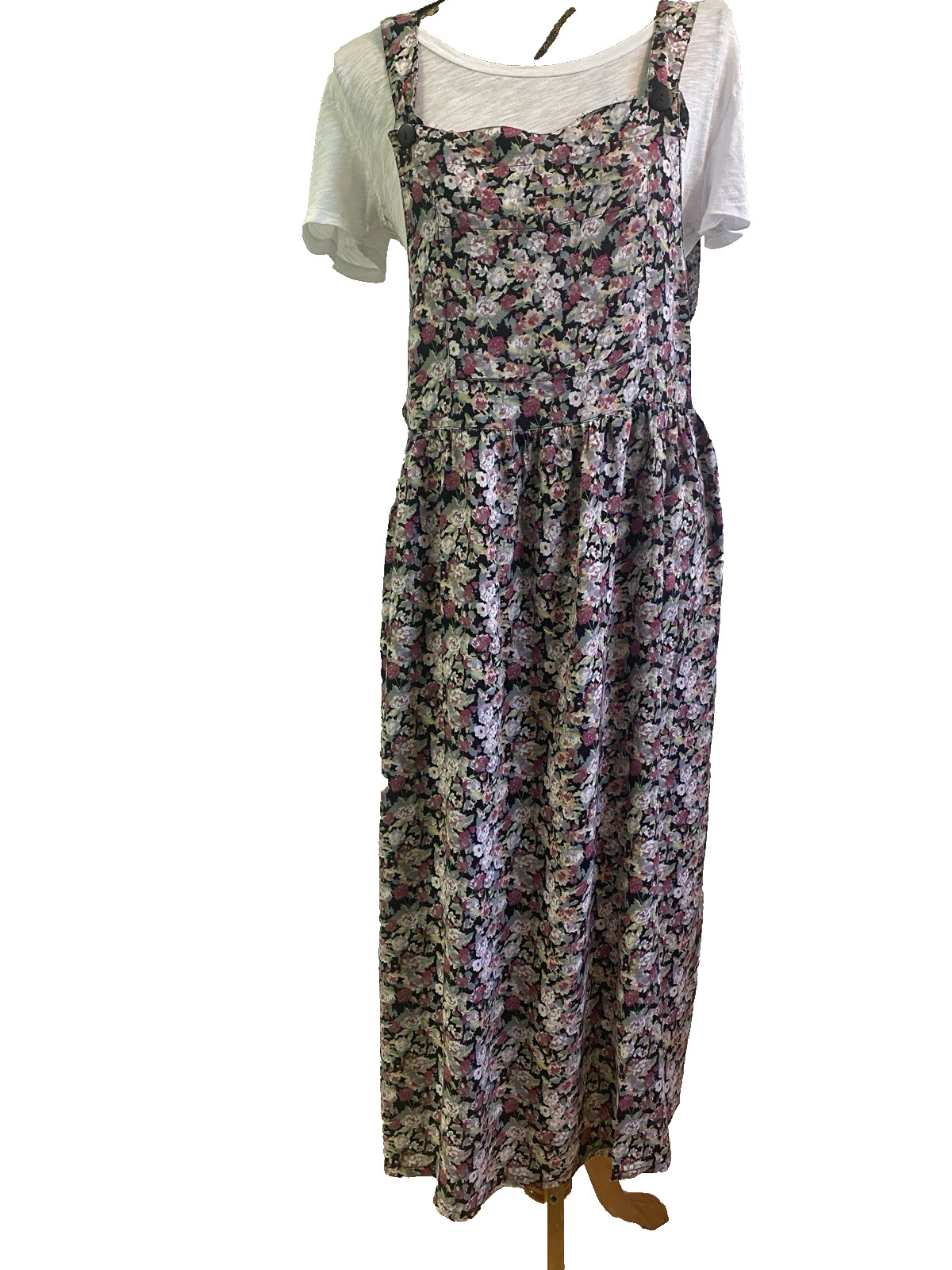 90’s Women’s Vintage Cottagecore Black Floral Pinafore Apron Maxi Dress M