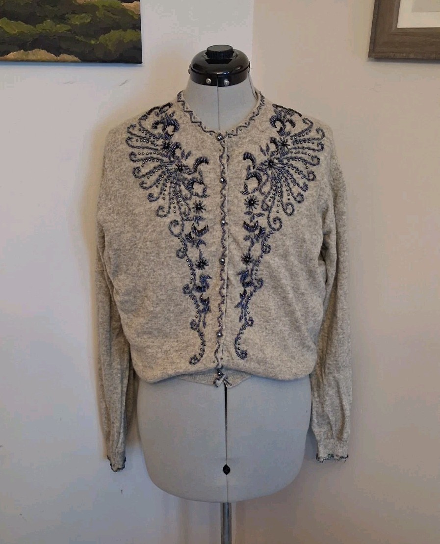 Vintage 1950s Beaded Cardigan, Grey And Black Sz 42 M/L Elegant Embellishedn