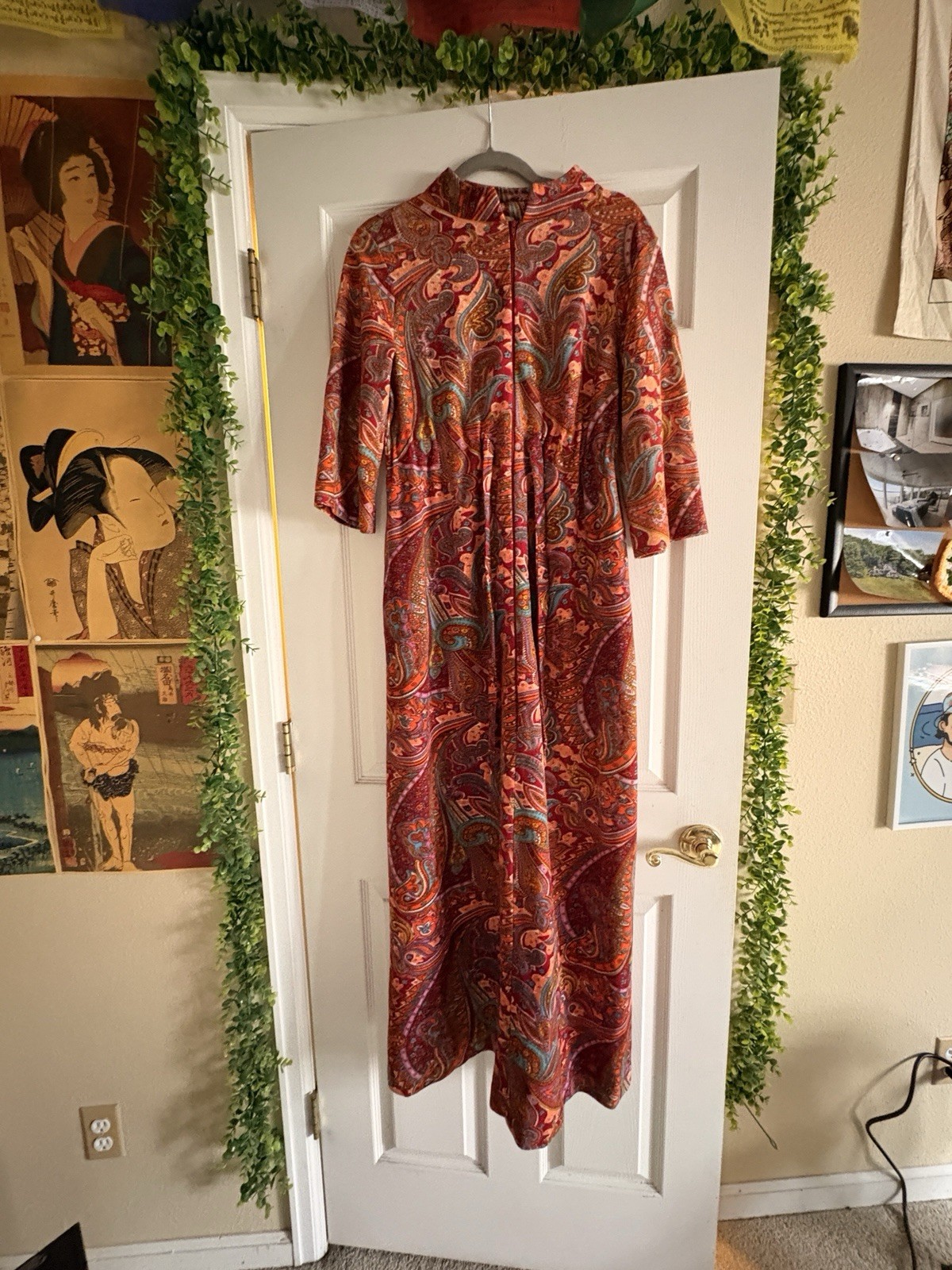 Vintage 60s-70s LISANNE Red Psychedelic Maxi Robe Dress | Size Small