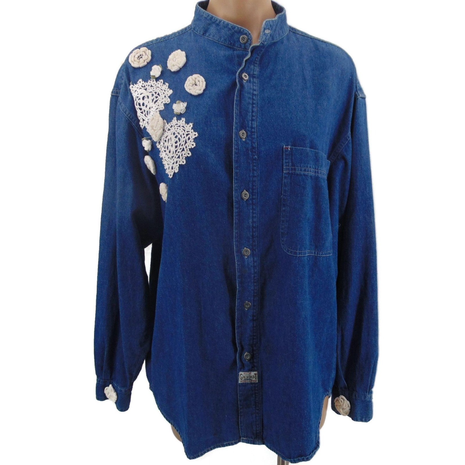 Vintage Bugle Boy Denim DIY Shirt XL Goldcrest Crochet Doily Cottagecore Grandma