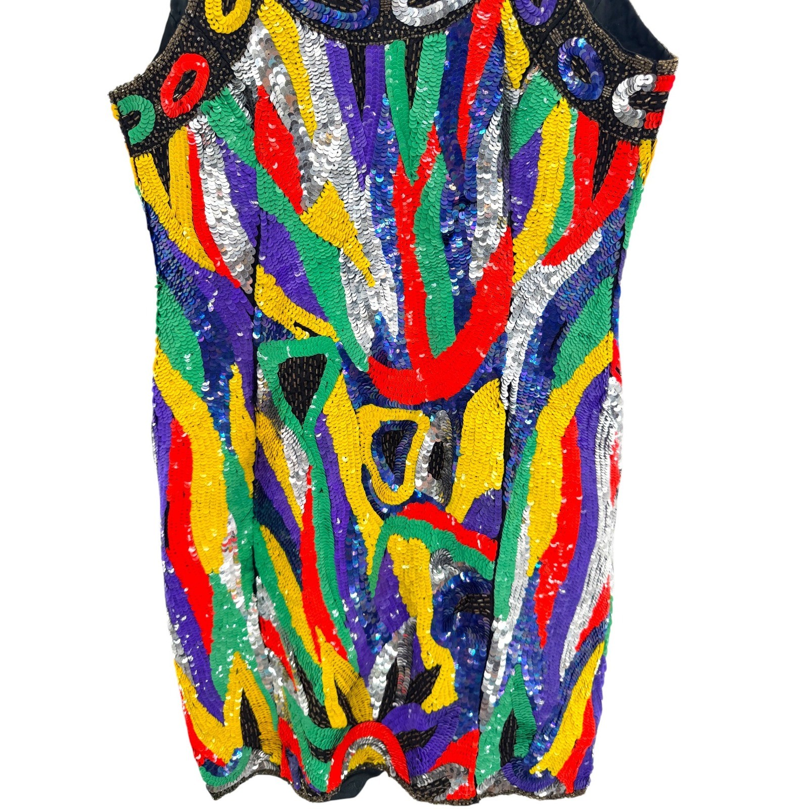 Channa Vtg Pure Silk Rainbow Sequin Dress Hand Beaded Abstract Geometric M FLAW