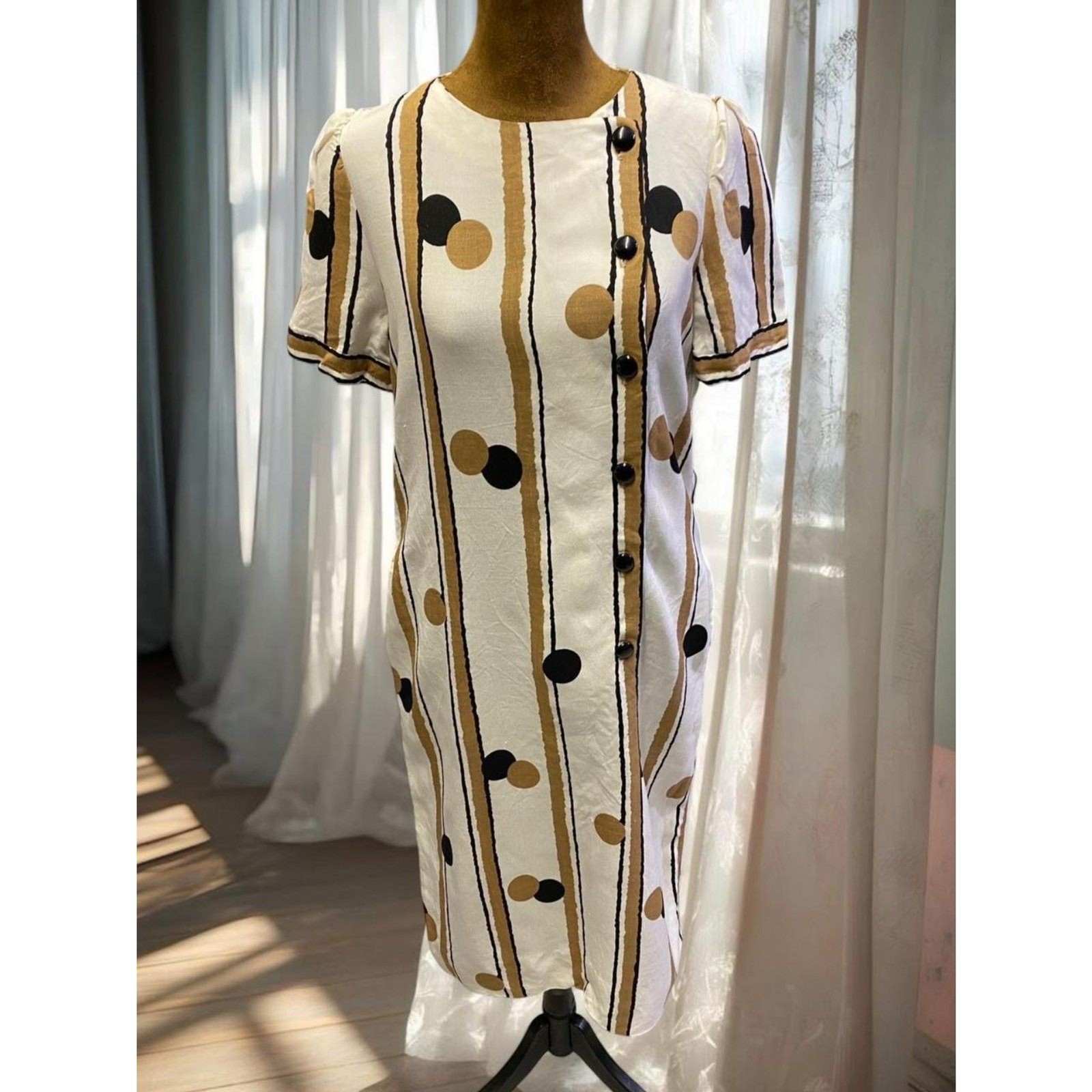 Vintage Union Made Feminine Polka Dot Stripes Shift Geometric Dress Made in USA
