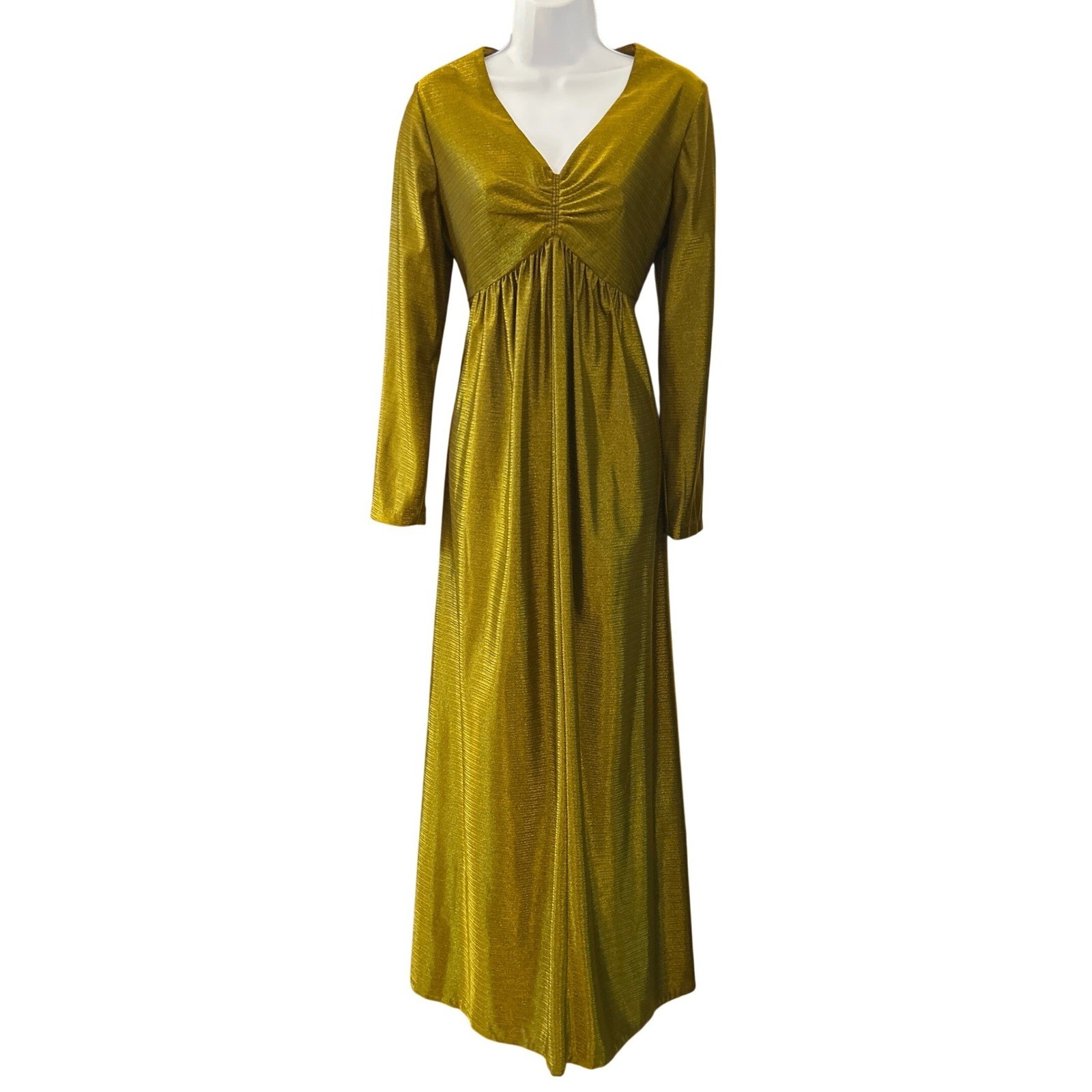 Vintage Unbranded Maxi Dress Studio 54 Disco Glam Liquid Gold Lurex Long Sleeve
