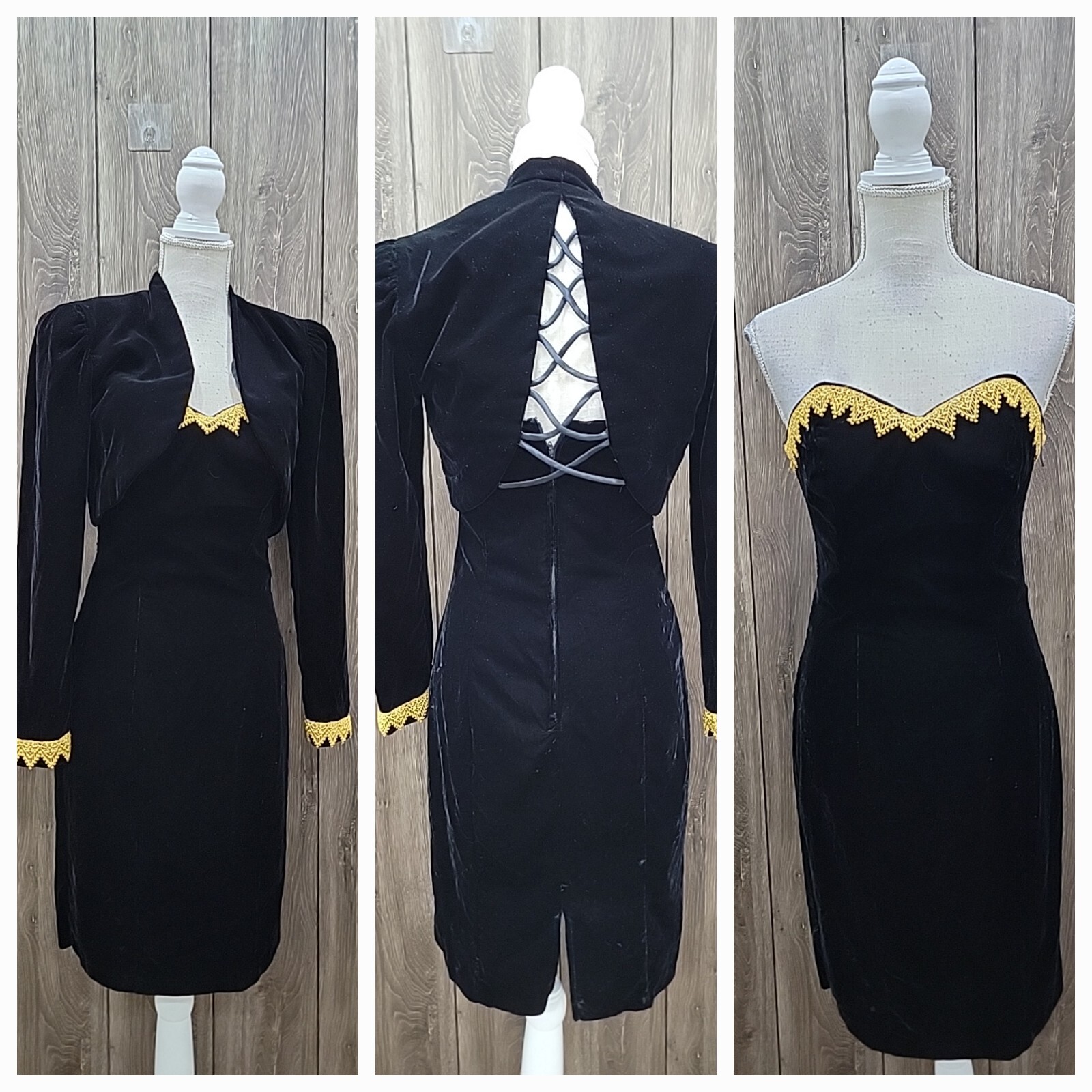 VTG 80s KAREN LUCAS for NIKI Off Shouder Black Velvet Goth Cocktail Dress 6/2pc
