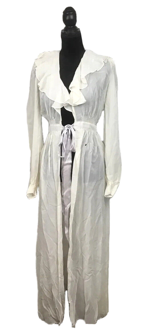 Vtg Tula Womens Bath Robe Sz 10 Full Length Ivory Wedding Ruffle Long Sleeve 40s
