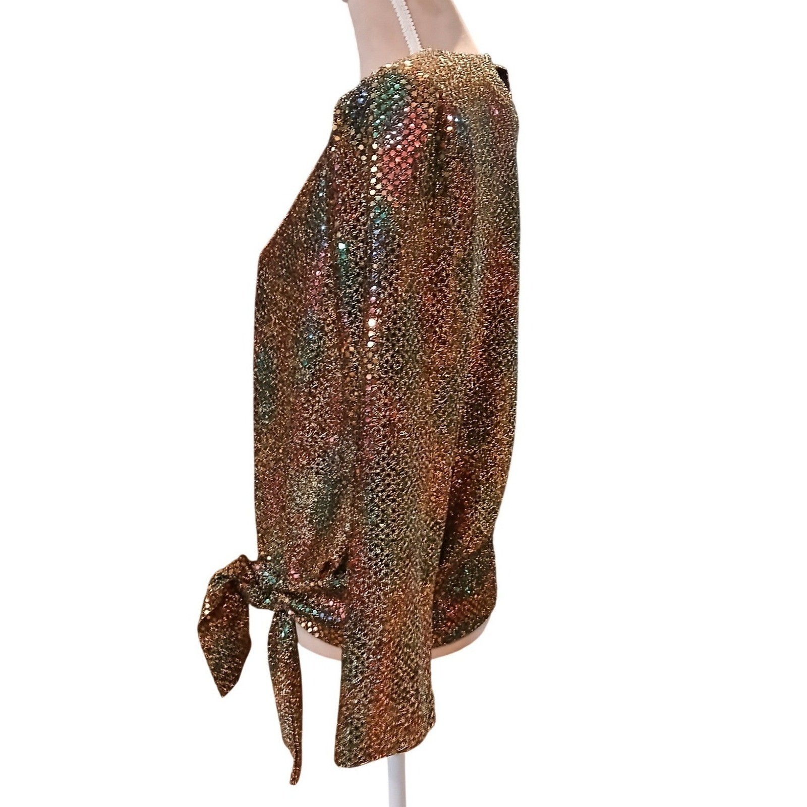 Vtg Another Thyme Medium Metallic Sequin Blouse Gold Multicolor Side Tie – READ