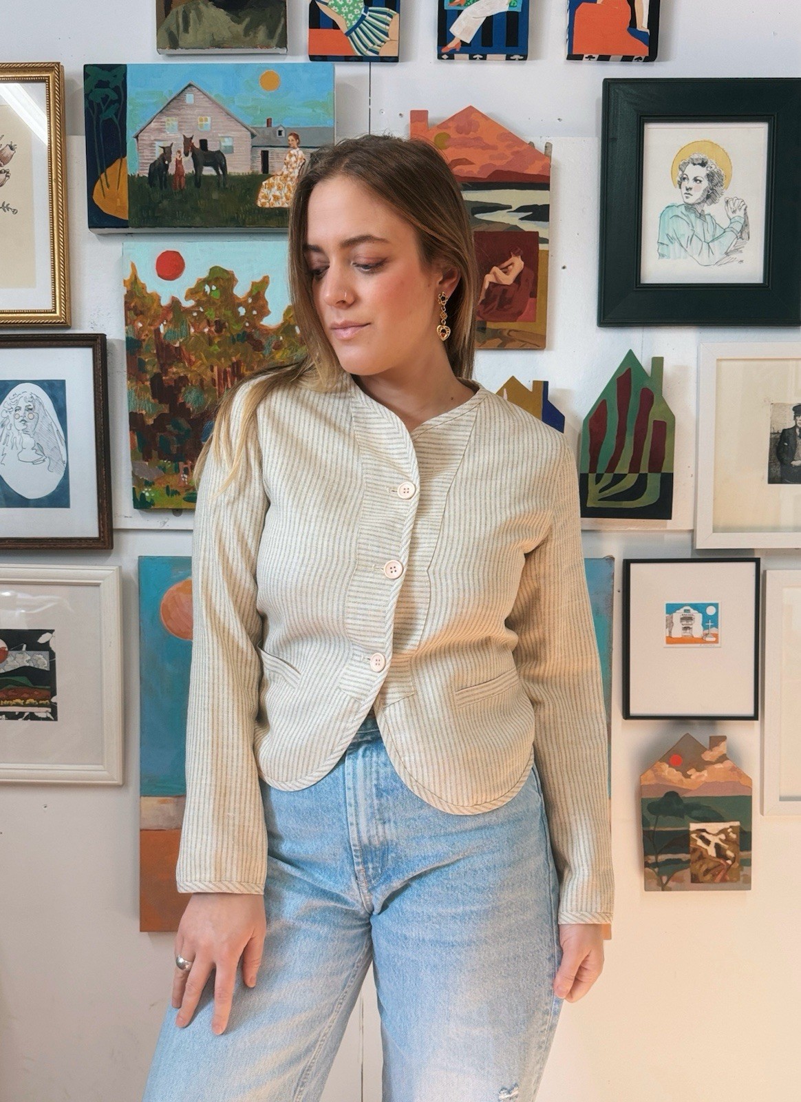 Vintage 1980s Bern Conrad Blazer Tan Striped Linen Blend Top Designer Jacket
