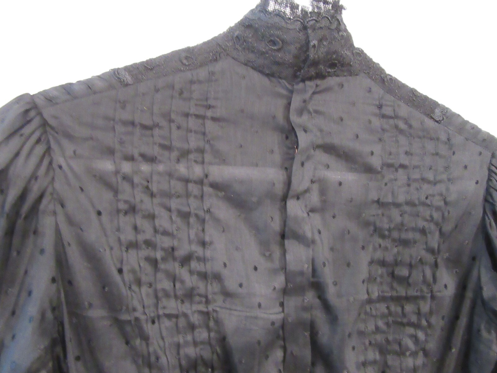 ANTIQUE EARLY 1900S 1905 BUST-39″ SWISS DOT LACE BLACK BLOUSE SHIRT STRONG F38