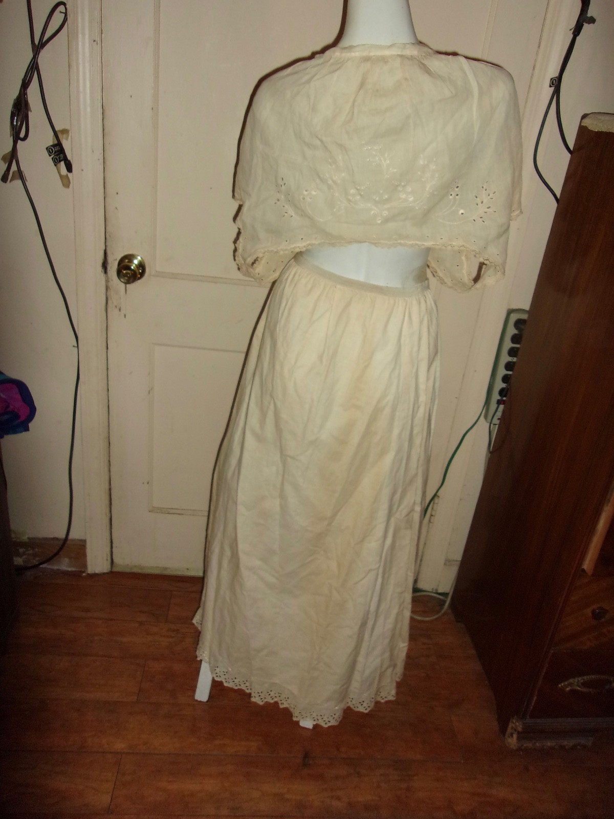 Antique Edwardian Camisole /Petticoat Tan Cotton Embroidered Eyelet Lace
